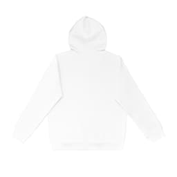 A white hoodie featuring a hood and long sleeves, displayed from the back. It has a branded logo.