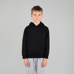A black hoodie with a kangaroo pocket and a hood, worn by a child in grey sweatpants, set against a plain background.