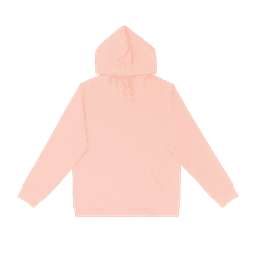 A peach-coloured hoodie with a front pocket and a hood, featuring a logo.