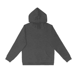 A dark grey hoodie featuring a spacious hood and a front pocket. It has a logo on the design.