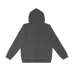 A dark grey hoodie with a hood and long sleeves, featuring a simple design and a logo.