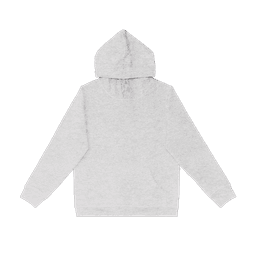 A grey hoodie with a hood and long sleeves, featuring a logo on the front.