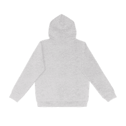 A grey hoodie with a hood and long sleeves, featuring a plain back design. It has a logo on the front.