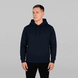 A navy blue hoodie featuring a front pocketless design and a hood, displayed on a model.