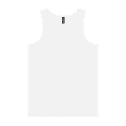A white adult singlet featuring a branding label, designed for casual wear.