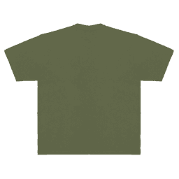 An olive green adult T-shirt with short sleeves and a plain back, featuring a logo.