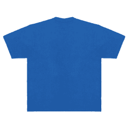 A plain blue adult T-shirt with short sleeves, featuring a branding logo on the back.