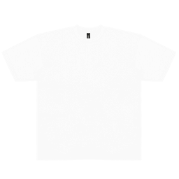 A white T-shirt featuring a relaxed fit and short sleeves, with a branding label on the collar.