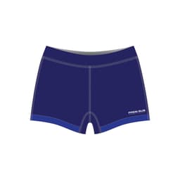 Navy blue volleyball shorts with contrasting blue trim and a logo on the side.