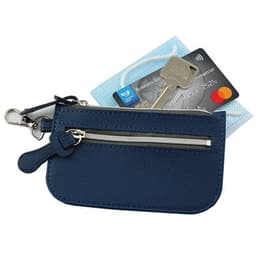 A navy blue zipper pouch containing keys and a credit card, featuring a small logo.