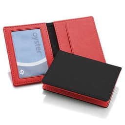 A red and black ID window card holder with a transparent slot for displaying cards and a secure pocket for storage.