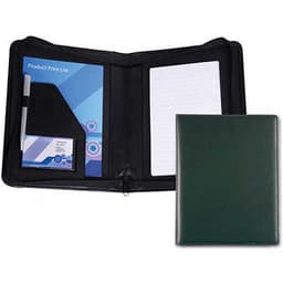 A Vivid A5 zippered compendium in green, featuring an interior pen holder, notepad, and card slots.
