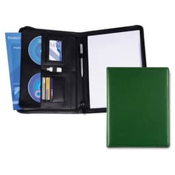 A green zippered compendium featuring storage for cards, CDs, a pen, and a notepad.