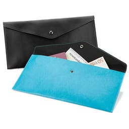 A black and turquoise envelope document wallet with a snap closure, featuring interior compartments for documents.