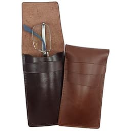 A premium leather glasses slip case in dark brown and light brown, featuring a soft interior and a single pair of glasses.