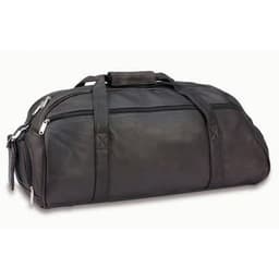 A superior brown leather duffle bag with multiple zippered compartments and sturdy handles. 