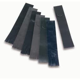A selection of black leather bookmarks, featuring a smooth finish and varying lengths, all with a slight curvature at one end.