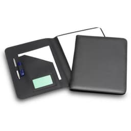 A black Economy A4 Folder with an internal pocket, pen holders, and a notepad inside. Contains a logo.