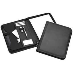 A black A4 zip compendium featuring a notepad, pen, pockets, and card slots. Includes a logo.