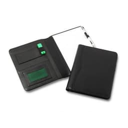A black A5 compendium folder with a notepad, pockets for cards, and a pen holder. It has a logo on the front cover.