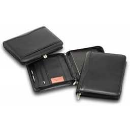 A black leather ring compendium featuring multiple compartments for documents, cards, and a notepad, with a logo.