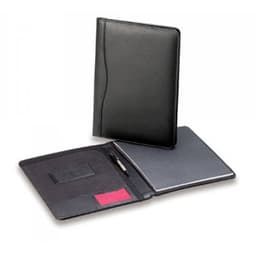 A black premium leather compendium folder featuring an interior with pockets and a notepad.