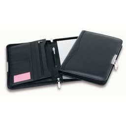 A black leather compact zip compendium featuring multiple pockets and a sleek design.