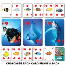 Playing cards featuring marine life images in vibrant colours, with a diver and an illustration of a stingray.