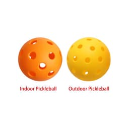 Two pickleballs are displayed: one orange for indoor use and one yellow for outdoor use, both featuring multiple holes.