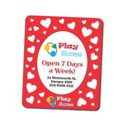A magnetic photo frame with a red background, white heart patterns, and a logo design, featuring space for a photo or text.