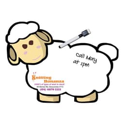 A sheep-shaped magnetic whiteboard with a marker, featuring a logo and space for notes.