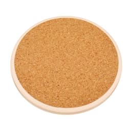 A round, absorbent stone coaster with a natural cork surface and a light-coloured rim. It features a logo.