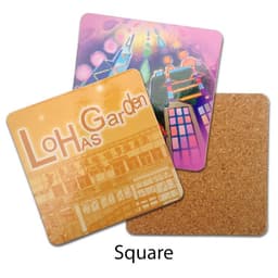 A set of square coasters with vibrant designs in orange, pink, and abstract patterns. One coaster features a cork backing.