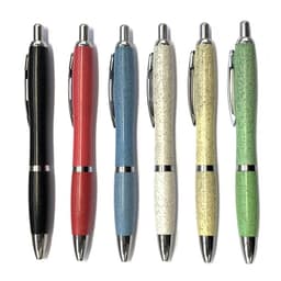 A collection of six Allegra Wheat Pens in black, red, blue, cream, white, and green, featuring a sleek design and a branding element.