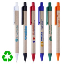 A collection of eco-friendly recycled pens in various colours: white, black, green, red, and blue, each with a logo.