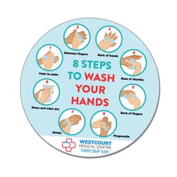 A circular sticker with illustrations demonstrating eight steps to wash hands, featuring various hand positions and instructions.