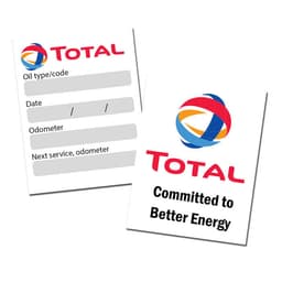 Two service stickers featuring a logo, one with fields for oil type, date, and odometer, designed in red, blue, and yellow.