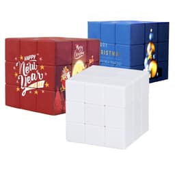 A set of three twist cubes in red, blue, and white with festive designs and logos.
