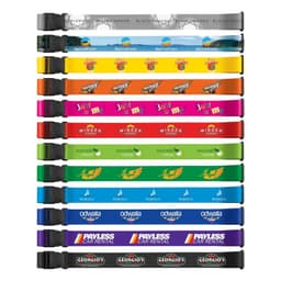 A collection of full-colour luggage straps in various vibrant colours, each featuring different branding.