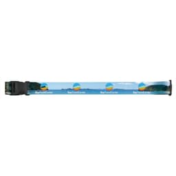 A full colour luggage strap featuring a scenic design and a logo. The strap is predominantly blue and green.