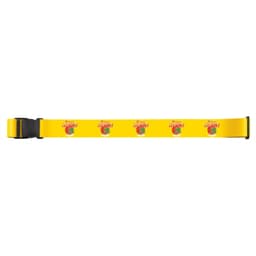 A full-colour luggage strap in bright yellow featuring a repeating design and a plastic buckle.