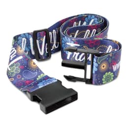 A vibrant full-colour luggage strap with a floral design, featuring a black buckle and branding.