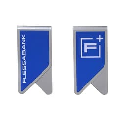 A blue and silver custom metal clip featuring a logo and sleek design, suitable for office use.