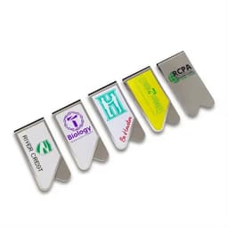 A collection of metallic custom business clips in various shapes and designs, featuring multiple colours and branding.