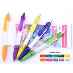 A collection of banner pens in various colours: purple, yellow, orange, green, and navy, with a promotional display.