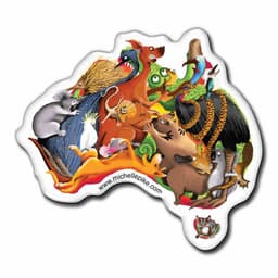 A colourful domed fridge magnet shaped like Australia featuring various Australian animals in a playful arrangement.
