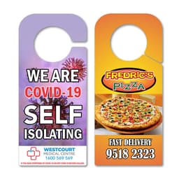 A pair of door hangers featuring a COVID-19 isolation message and a pizza delivery advertisement, in purple and orange colours.