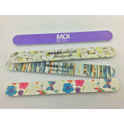 A collection of four emery nail files featuring floral and butterfly designs, with a purple branded file at the top.