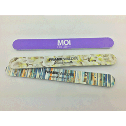Three emery nail files in varying designs, featuring purple and floral patterns, with branding on two files.