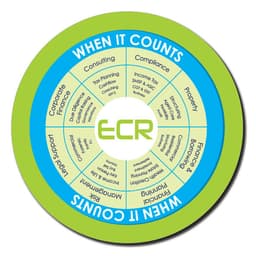 A round green and blue promotional mat featuring a central logo and segmented sections listing services like consulting and property.